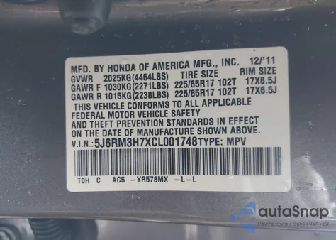 2012 Honda Cr-V Ex-L z USA, uszkodzony, nr VIN 5J6RM3H7XCL001748